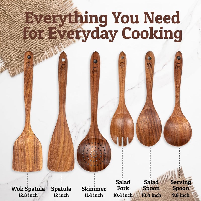 Priority Chef PriorityChef 6pc Premium Wooden Spoons for Cooking - Heat-Resistant & Nonstick Safe, Smooth Finish Teak Wooden Utensil Set with Hanging Hooks, Ideal for Gifting - Image 4